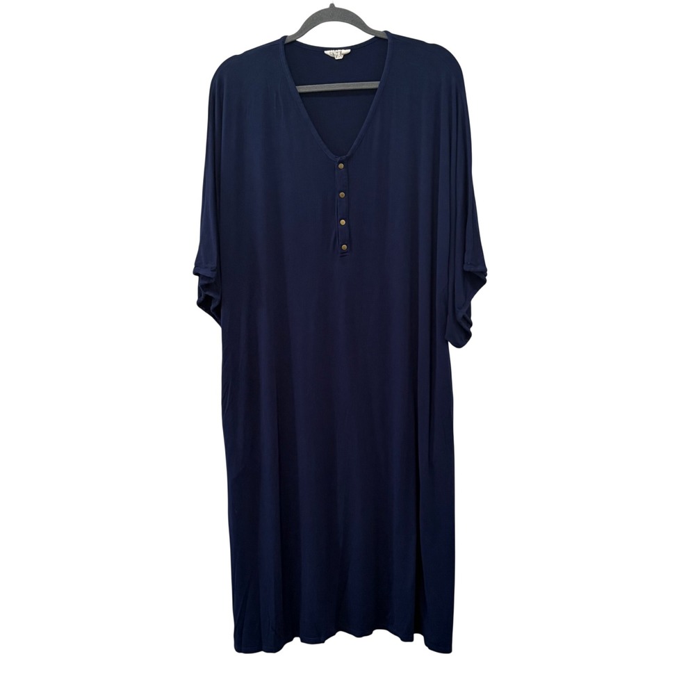 Dwell and Slumber Caftan Dress Womens One Size Navy Blue Henley Midi‎ Housedress